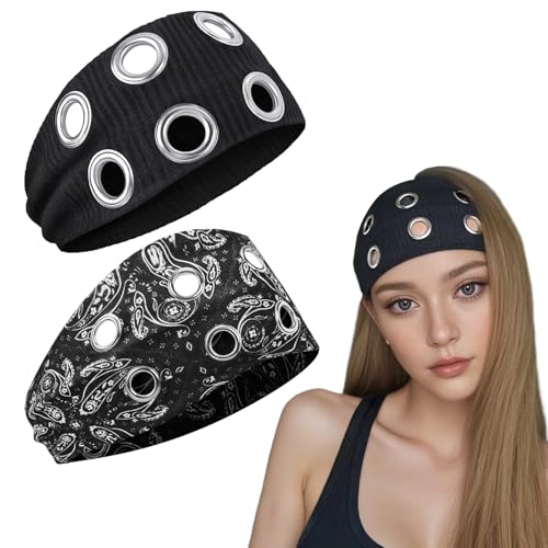 Yuzhrao Elastische Stirnbänder für Damen, Grunge-Punk-Rock-Accessoires, Metallösen, Haarschmuck, Y2K, Schwarz, Cashew, 9,4 cm breit Yuzhrao Elastische Stirnbänder für Damen, Grunge-Punk-Rock-Accessoires, Metallösen, Haarschmuck, Y2K, Schwarz, Cashew, 9,4 cm breit von Yuzhrao