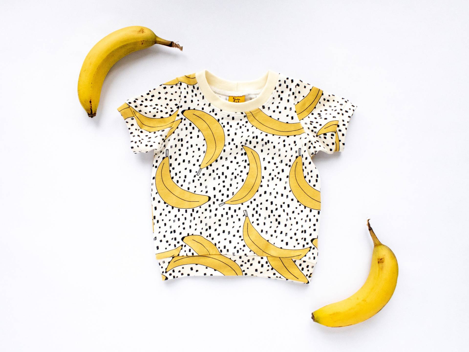 Ausverkauf Bananen-Kurzarm-T-Shirt Für Babys, Größe 0-3 Monate, Bio-Baumwolle/Elasthan-Top Den Sommer, Handgefertigt in Großbritannien von YuzuAndThread