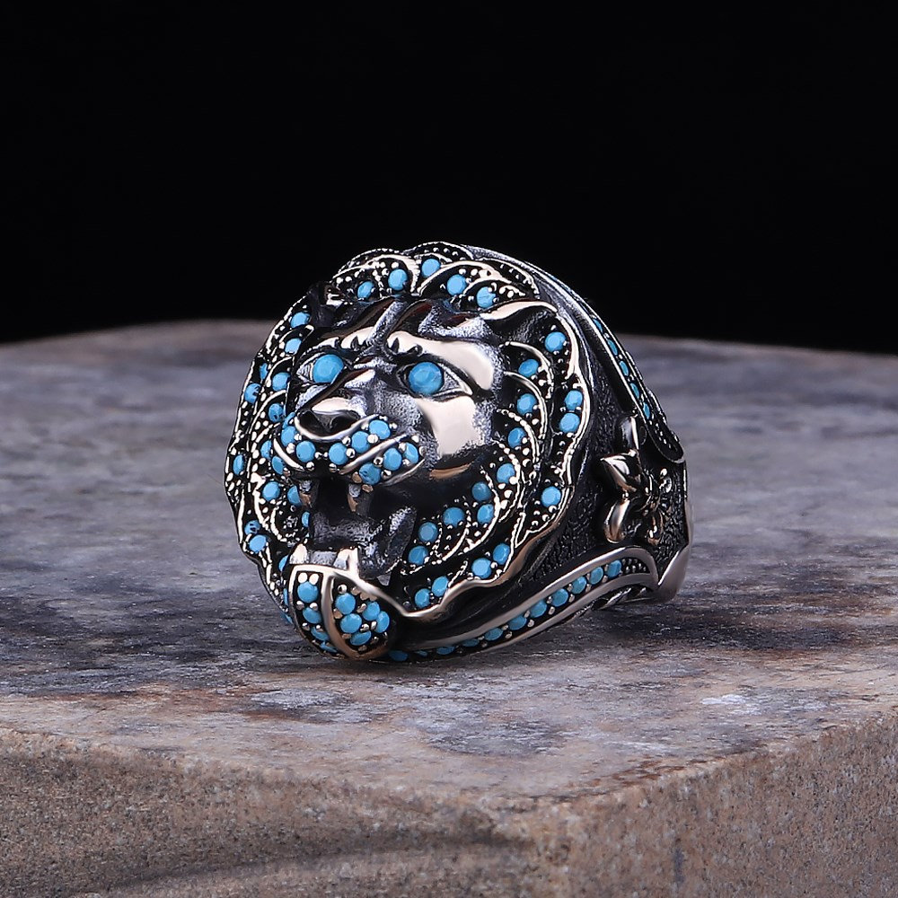 Löwe Motiv Türkis Stein Graviert 925 Sterling Silber Herren Ring | Micro Bestickt Handgestickt Ring von Yuzukhane