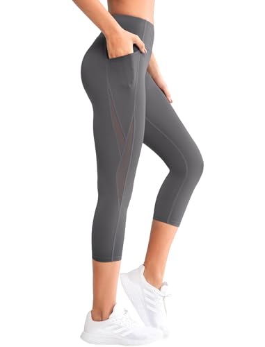 Yvette 3/4 Damen Sport Leggings Capri Sporthose mit Mesh Hohe Taille Bauchkontrolle Blickdicht Leggins, grau,XL von Yvette