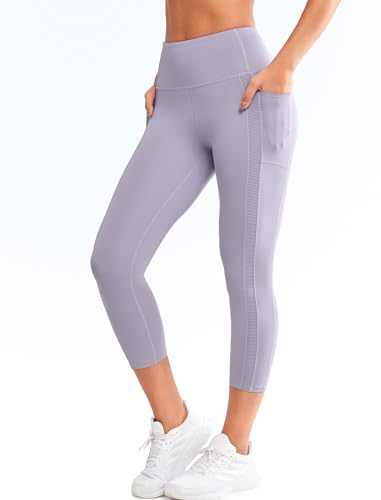 Yvette 3/4 Sport Leggings Damen Caprihose mit Taschen High Waist Elastisch Sporthose, Helllila, M von Yvette