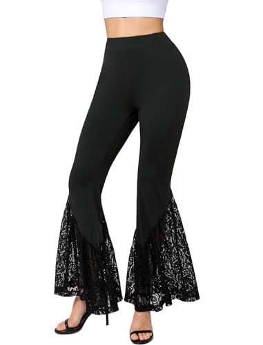 Yvette Bell Bottom Flare Hose für Frauen mit Spitze Hohe Taille Ausgestellte Leggings Weites Bein Palazzo Hosen, Schwarz + Lacy Patchwork, Groß von Yvette