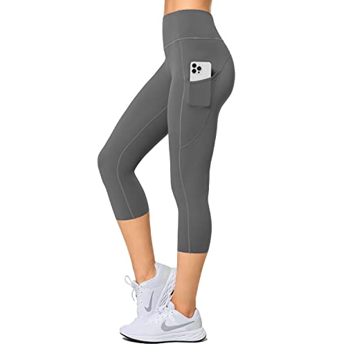 Yvette Damen 3/4 Capri Leggings Sporthose mit Taschen Hohe Taille Bequem Yoga Fitness Jogginghose,Grau,M von Yvette