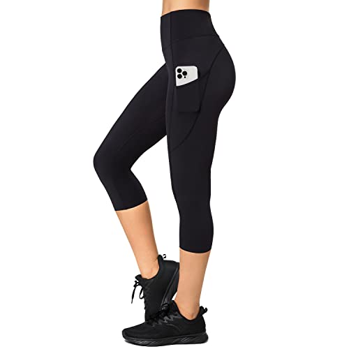 Yvette Damen 3/4 Capri Leggings Sporthose mit Taschen Hohe Taille Bequem Yoga Fitness Jogginghose,Schwarz,S von Yvette