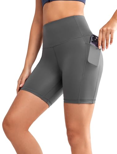 Yvette Damen Kurze Sport-Leggings mit Tasche, 15CM high Waist Radlerhose Sportshorts, Grau, M von Yvette