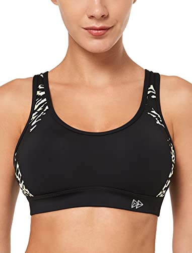 Yvette Damen Sport BH Starker Halt Große Größe Gekreuzt Rücken Gepolstert Fitness Lauf Joggen Yoga Bra,Black/Leopard Print,100C von Yvette