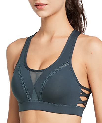 Yvette Damen Sport BH starker Halt mit Mesh Große Brüste für Fitness Lauf Joggen, Grau, L Große Größen von Yvette