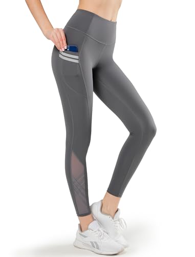 Yvette Damen Sport Leggings mit Tasche, high Waist Sporthose mit Mesh unter, Grau, 3XL von Yvette