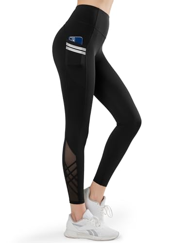 Yvette Damen Sport Leggings mit Tasche, high Waist Sporthose mit Mesh unter, Schwarz, 4XL von Yvette