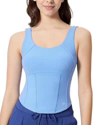 Yvette Damen Sport Tanktops mit integrierten Pads ärmellos kurz geschnitten U Rücken,Blau,M von Yvette