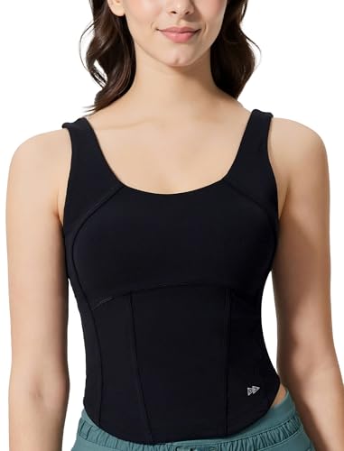 Yvette Damen Sport Tanktops mit integrierten Pads ärmellos kurz geschnitten U Rücken,Schwarz,S von Yvette