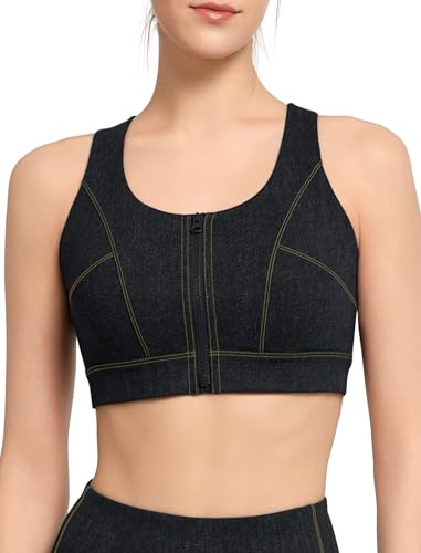 Yvette Jeansoptik Sport BH Damen Starker Halt mit Vorderverschluss Große Größen für Fitness,Schwarz,L von Yvette