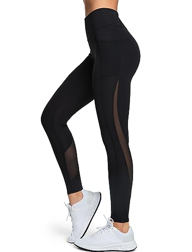 Yvette Leggings für Frauen mit Taschen, Butt Lift, hohe Taille, Bauchkontrolle, butterweich, Netzstoff-Einsatz, Workout, Laufen, Schwarz, Groß von Yvette