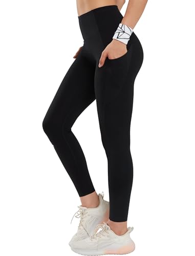 Yvette Leggings mit Taschen für Damen, Bauchkontrolle, hohe Taille, nicht durchsichtig, Workout, Laufhose, butterweich, Schwarz, Groß von Yvette