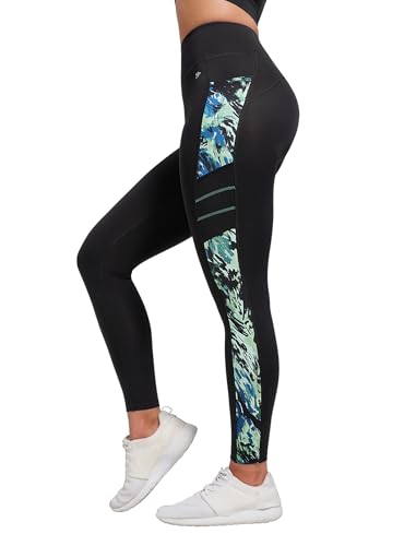 Yvette Printed Damen Sport Leggings mit Taschen, high Waist Blickdicht Gym Sporthose, Schwarz/Dunkelgrün,L von Yvette