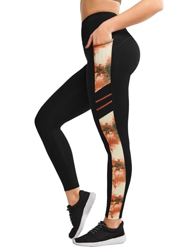 Yvette Printed Damen Sport Leggings mit Taschen, high Waist Blickdicht Gym Sporthose,Gelb/Print,L von Yvette