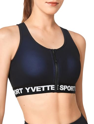 Yvette Sport BH Damen Mesh Kontrastierender Frontreißverschluss Starker Halt Ringerrücken Große Brüste für Lauf Joggen Reiten, Blau,M Große Größn von Yvette