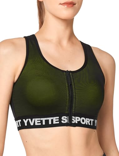 Yvette Sport BH Damen Mesh Kontrastierender Frontreißverschluss Starker Halt Ringerrücken Große Brüste für Lauf Joggen Reiten, Grün,L Große Größn von Yvette