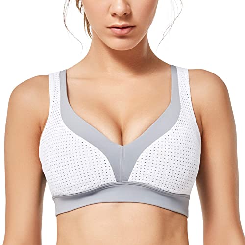 Yvette Sport BH Starker Halt Große Größe Gekreuzt Rücken Ohne Bügel Bustier für Fitness Lauf Yoga Joggen, Grau/Weiß, 5XL von Yvette