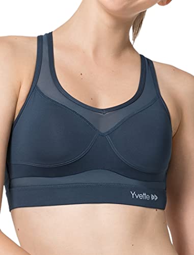 Yvette Sport BH Starker Halt Mesh Ringerrücken Große Brüste Ohne Bügel Gepolstert für Fitness Lauf Yoga, Grau, S Große Größen von Yvette