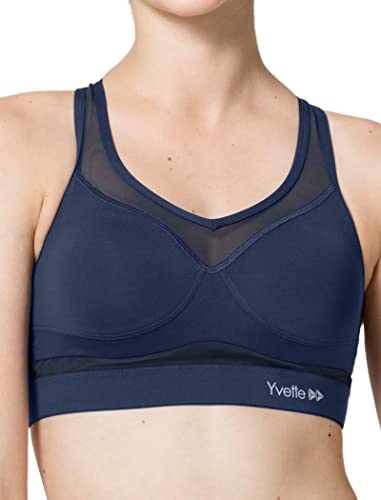 Yvette Sport BH Starker Halt Mesh Ringerrücken Große Brüste Ohne Bügel Gepolstert für Fitness Lauf Yoga, Blau, M von Yvette