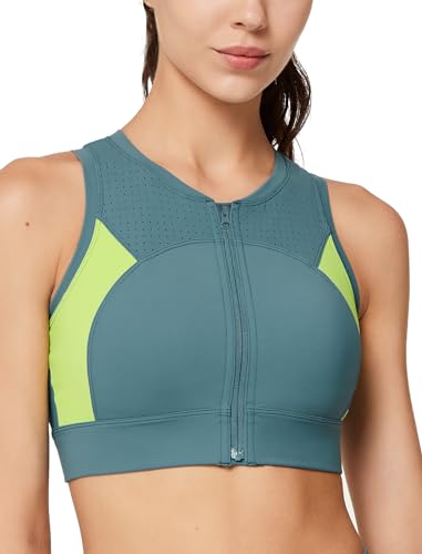 Yvette Sport BH Starker Halt Ringerrücken große Brüste Vorderverschluss Sport Bustier Damen für Lauf Fitness Tennis,blau,XL von Yvette