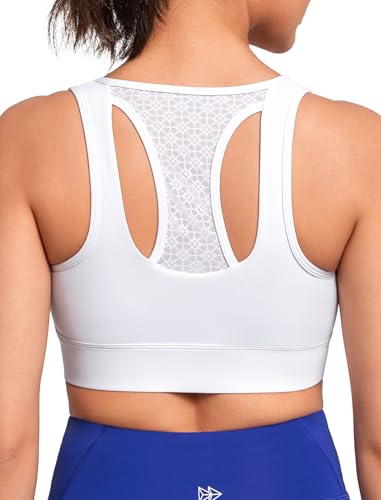 Yvette Sport BH Starker Halt Vorderverschluss Mesh Ringerrücken Lauf Fitness Bra, Weiß,S Große Größen von Yvette