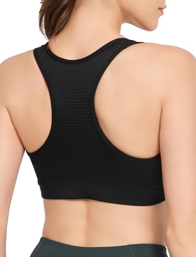 Yvette Sport BH Starker Halt mit Vorderverschluss Mesh-Ringerrücken Lauf Bra,Schwarz,M Große Größen von Yvette