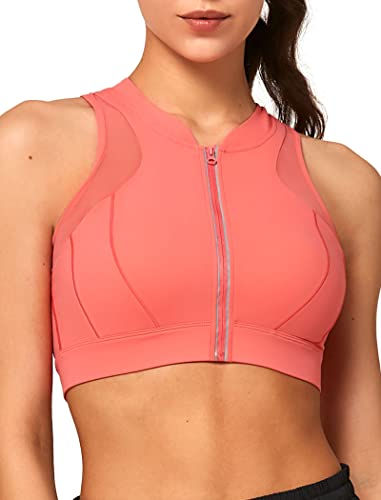 Yvette Sport-BHs mit hohem Halsausschnitt und Reißverschluss vorne für Damen, hohe Unterstützung, Netzstoff, Racerback, Lauf-BH, Workout, Orange/Abendrot im Zickzackmuster (Sunset Chevron), Large von Yvette