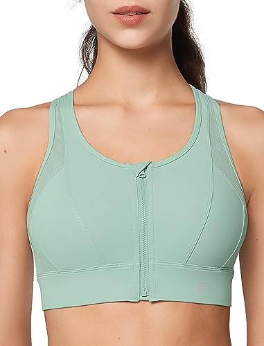 Yvette Starker Halt Sport BH Große Brüste mit Vorderverschluss Mesh Ringerrücken Ohne Bügel für Fitness Lauf, Grün,XL Große Größen von Yvette