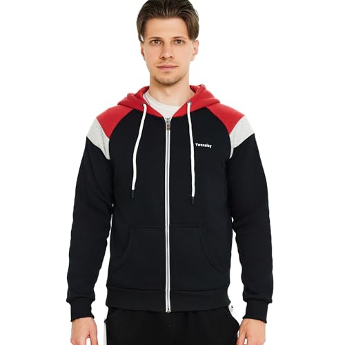 Ywenaisy Trainingsjacke Herren Sweatjacke Herren Kapuzenjacke Herren Zip Hoodie Herren Hoodie Jacke Herren Farbblock Pullover Herren Schwarz(09#Rot-Schwarz,XL) von Ywenaisy