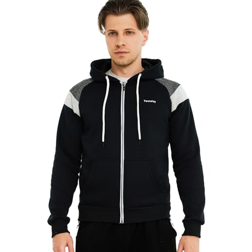 Ywenaisy Sweatjacke Herren mit Kapuze Trainingsjacke Herren Zip Hoodie Herren Kapuzenjacke Herren Kapuzellover Farbblock Pullover Herren(08#Schwarz,L) von Ywenaisy