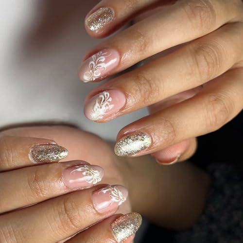 24 PCs Blumen Kleben Auf Nägel Künstliche Nägel Kurze Ovale Falsche Nägel Glitzernde Presse Auf Nägeln Für Frauen Mädchen von Ywmsfl