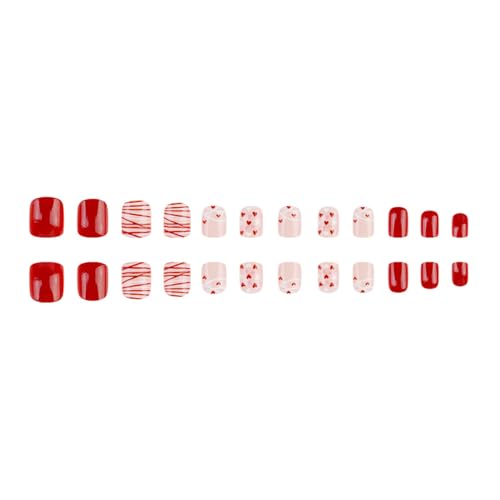 24 Stück Valentinstag-Nägel zum Aufdrücken, kurze quadratische Form, Acryl, falsche Nägel mit Herz-Design für modische Frauen von Ywmsfl
