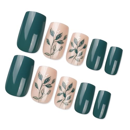 24 Stück quadratische Nägel zum Aufdrücken, Blätter-Design, französische künstliche Nägel, Acryl, künstliche Nägel, zum Aufkleben auf Nägel, Frauen von Ywmsfl