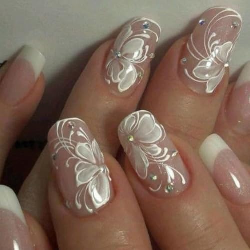 24 quadratische Nägel zum Aufdrücken, glänzende Designs, französische künstliche Nägel, Acryl, künstliche Nägel, zum Aufkleben auf Nägel, für Damen von Ywmsfl