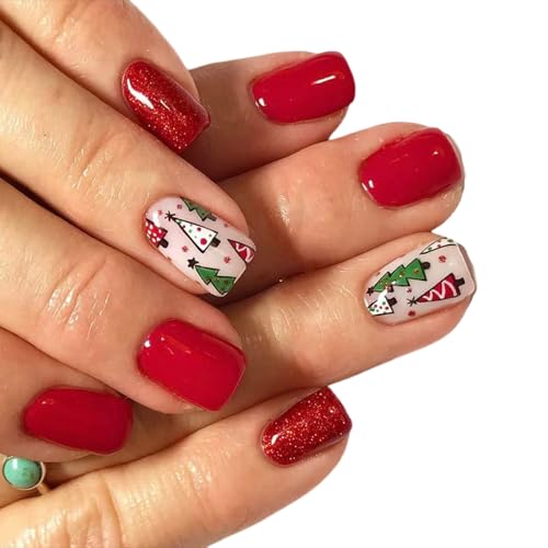 Full Covers Stick On Nails Glittering Press On Nails Christmas Tree False Nails Short Square Artificial Nails von Ywmsfl