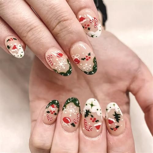 Weihnachtspresse Auf Nägeln Kurzer Mandel Acryl False Nails Glossy Snowflake Designs Nägel Kunstdekoration Für Frauen 24pcs von Ywmsfl