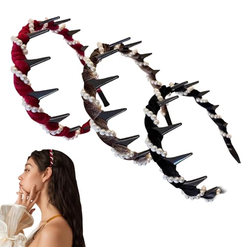 Yxelydriail Kunstperlen-Haarbänder im Vintage-Stil, modisches Haarband für Damen, gewelltes Band mit Zähnen für Brautreifen, Strass, Haar-Accessoires (1, Einheitsgröße), 3 Stück von Yxelydriail
