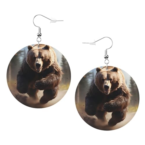 Bear Running Prints Leder Runde Ohrringe Anhänger Stilvoll und Leicht Leicht Baumeln für Frauen Mädchen Einheitsgröße Leder Kein Edelstein von YYHHAOFA