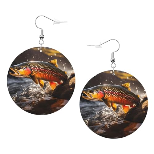 Brook Trout Fly Fishing Prints Leder Runde Ohrringe Anhänger Stilvoll Und Leicht Leicht Dangle Für Frauen Mädchen Einheitsgröße Leder Kein Edelstein von YYHHAOFA