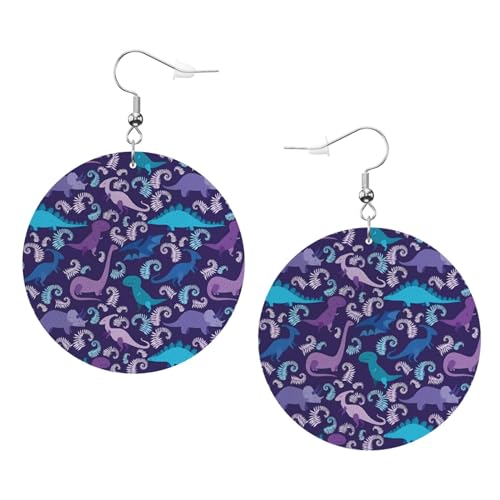 Cartoon-Dinosaurier-Drucke, Leder, runde Ohrringe, Anhänger, stilvoll und leicht, baumelnd für Frauen und Mädchen, Einheitsgröße, Leder, kein Edelstein von Yyhhaofa