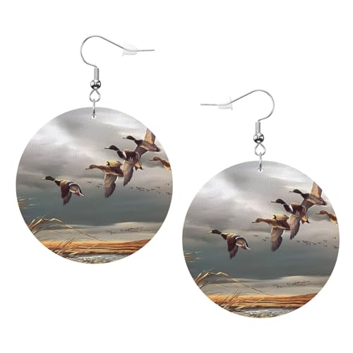 Jagd fliegende wilde Enten Drucke Leder Runde Ohrringe Anhänger Stilvoll und leicht leicht baumeln für Frauen Mädchen Einheitsgröße Leder ohne Edelstein von YYHHAOFA