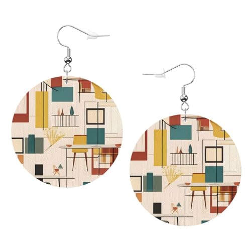 Mid Century Moderne Drucke Leder Runde Ohrringe Anhänger Stilvoll Und Leicht Leicht Baumeln Für Frauen Mädchen Einheitsgröße Leder Ohne Edelstein von Yyhhaofa