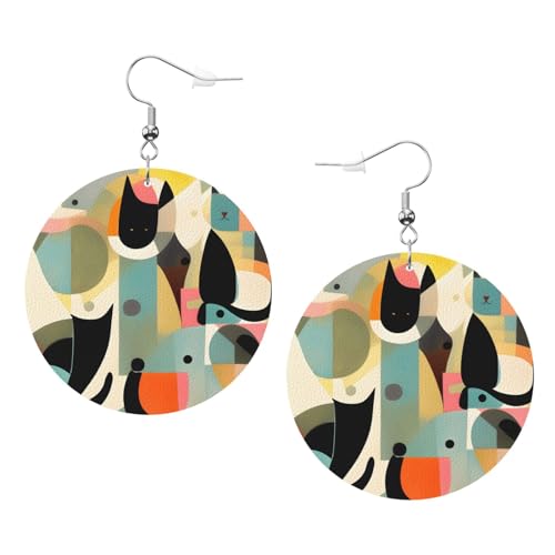 Moderne Kunst Katze Drucke Leder Runde Ohrringe Anhänger Stilvoll Und Leicht Leicht Baumeln Für Frauen Mädchen Einheitsgröße Leder Ohne Edelstein von YYHHAOFA
