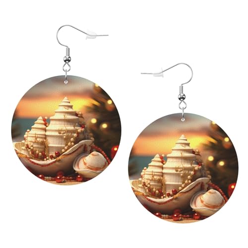 Muschel-Weihnachtsdrucke, Leder, runde Ohrringe, Anhänger, stilvoll und leicht, baumelnd für Damen und Mädchen, Weiß, Einheitsgröße von Yyhhaofa