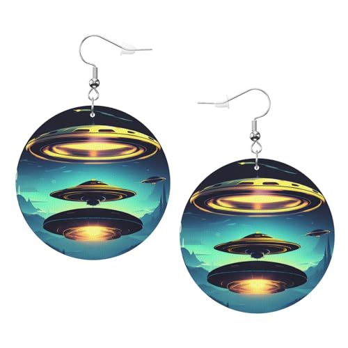Spacecraft Descend Prints Runde Leder-Ohrringe Anhänger stilvoll und leicht leicht baumeln für Frauen Mädchen Einheitsgröße Leder ohne Edelstein von Yyhhaofa
