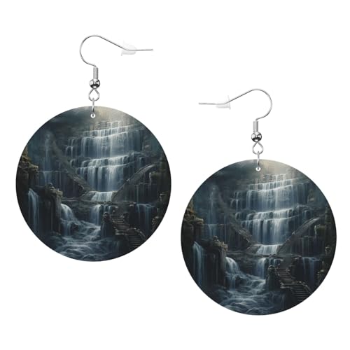 The Great Wasserfall Cascaded Down Prints Leder Runde Ohrringe Anhänger Stilvoll und Leicht Leicht Baumeln für Frauen Mädchen Einheitsgröße Leder Ohne Edelstein von YYHHAOFA