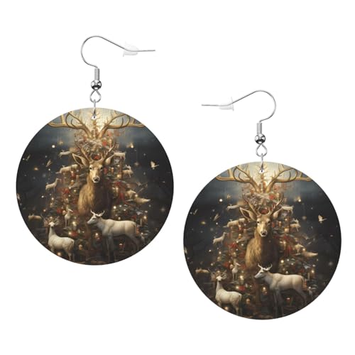 Yyhhaofa Kuh Hirsch Baum Weihnachten Drucke Leder Runde Ohrringe Anhänger Stilvoll Und Leicht Leicht Baumeln Für Frauen Mädchen Einheitsgröße Leder Kein Edelstein von YYHHAOFA