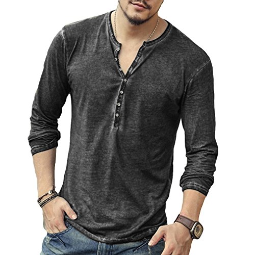 Langarmshirt Herren Knopfleiste T-Shirt Slim Fit Henley Shirt mit Grandad-Ausschnitt Vintage Mode Einfarbig Oberteile Bequem Atmungsaktiv von Yying